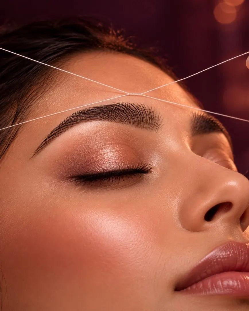 Client with eyes closed while her brow is threaded