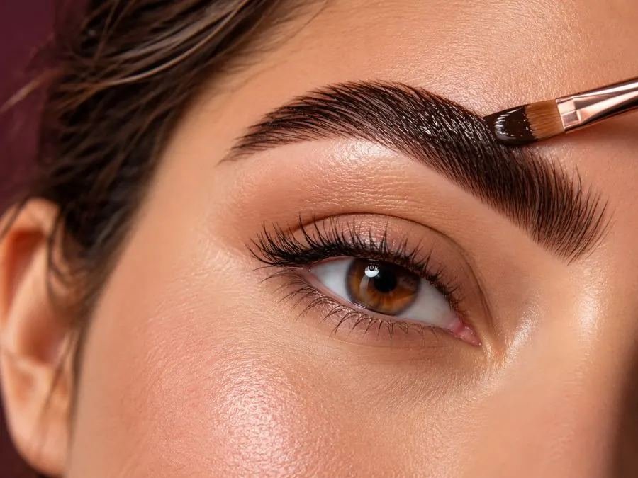 Brow tint being applied with a small brush