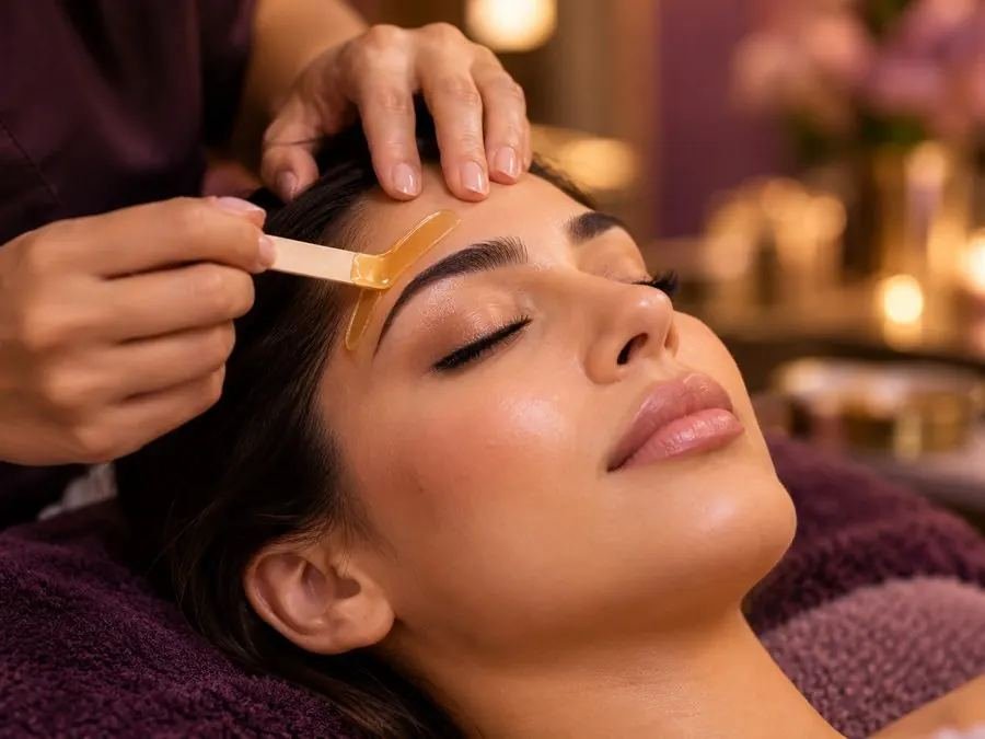 Brow artist applying warm wax beside a client's eyebrow with a spatula