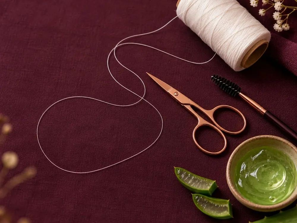 Cotton thread, brow scissors, spoolie and aloe gel on aubergine linen